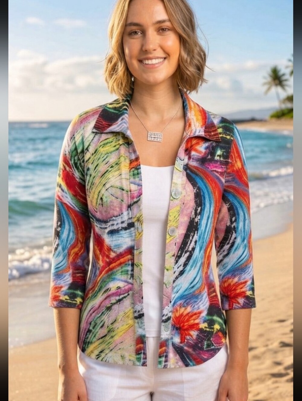 Parsley & Sage 100% Linen Vibrant Abstract Print Button Up Shirt 3/4 Sleeve M